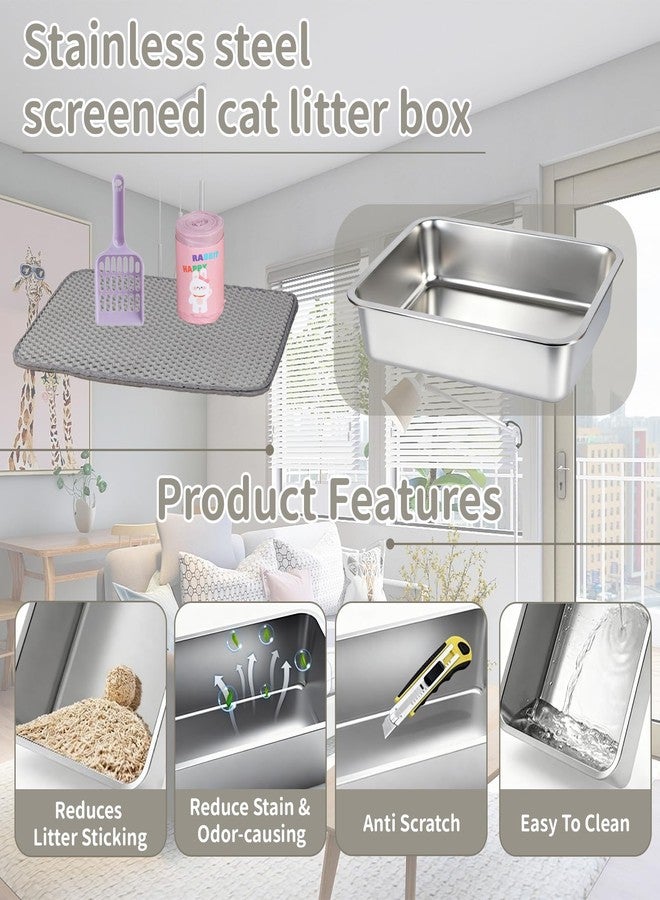 MXCELL Stainless Steel Sifting Cat Litter Box - 17.5" x 13.5" x 4" Metal High Sided Open Top Cat Pan Sifting Non Stick Surface Litterbox Odor Control Non-Clumping with Scoop Litter Mat Trash Bag - Image 4